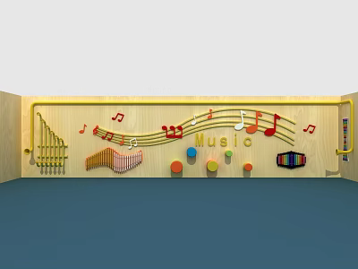 Vibrant Music Themed Background Wall With Musical Notes Colorful Decorations And Wooden Design 3d model