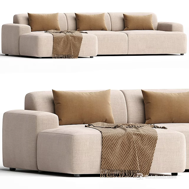 Modern Living Room Beige Sectional Sofa with Brown Cushions and Patterned Throw Blanket 3d model 