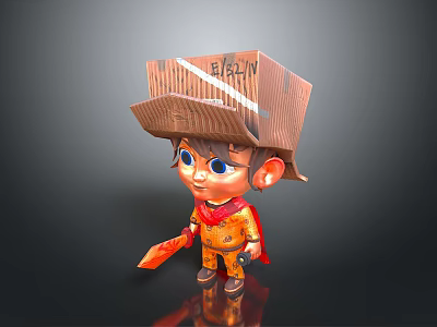 Cute Kid With Cardboard Box Hat BAZIN Written Red Cape Patterned Outfit Orange Tool 3d model