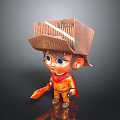 Cute Kid With Cardboard Box Hat BAZIN Written Red Cape Patterned Outfit Orange Tool 3d model