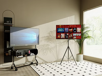 Two Televisions on Stand and Tripod Showing Streaming Apps in Modern Living Room 3d model