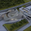 Modern Curved Museum Building Featuring Wooden Exterior Evening Lighting And Water Features Surrounded By Trees