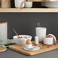 White Kitchenware Arranged On Wooden Shelves With Jars Bowls Plates And Spoons