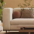 Modern Beige Sofa And Coffee Table Set With Ottoman Throw Pillows Plants And Rug