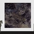 Abstract Painting Purple Brown Beige Tones Dynamic Brushstrokes On Wall With Horse Sculpture Wooden Table