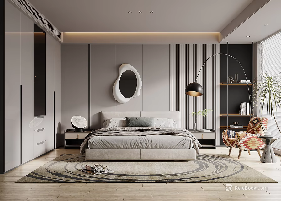 Modern Minimalist Bedroom Interior With Gray Tones White Circular Mirror Floor Lamp And Round Rug 3d model 