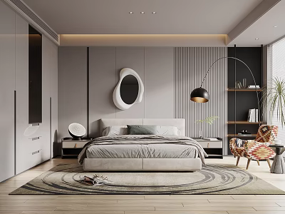 Modern Minimalist Bedroom Interior With Gray Tones White Circular Mirror Floor Lamp And Round Rug 3d model