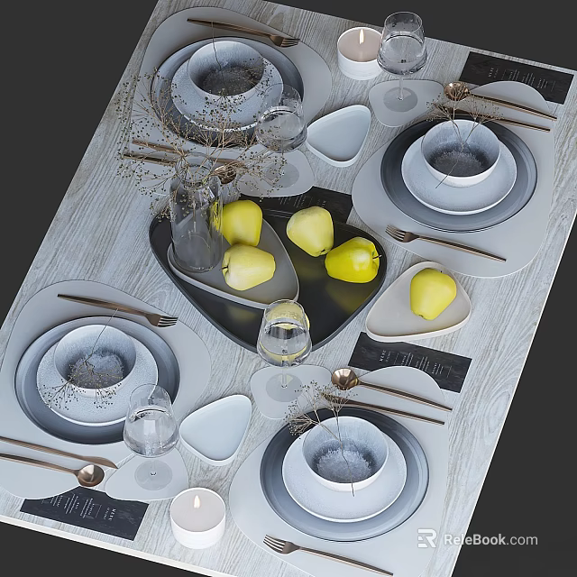 Elegant Dinnerware Set With White Plates Bowls Gray Placemats Glassware And Yellow Pears 3d model 