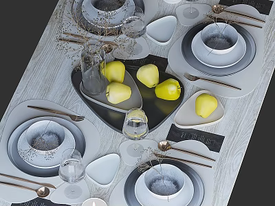 Elegant Dinnerware Set With White Plates Bowls Gray Placemats Glassware And Yellow Pears 3d model