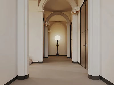 Office Corridor Featuring Arched Doorways White Walls Black Frames Beige Carpet Floor Lamp Decorative Columns 3d model