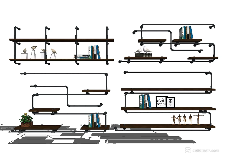 Modern Wall Cabinets With Display Shelves Books Decor And Small Plants 3d model 