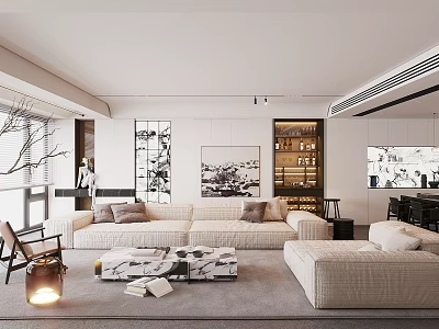Modern Living Room Interior With Beige Sofa Marble Coffee Table And Floor to Ceiling Windows 3d model