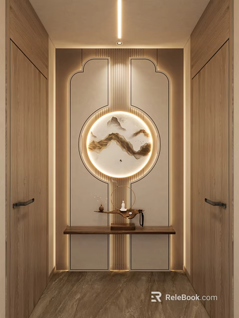 Modern Chinese Foyer Hallway With Circular Decorative Painting And Ambient Lighting 3d model 