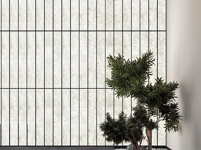 Modern White Wall With Vertical Stripes And Black Lines Accompanied By Green Plant 3d model