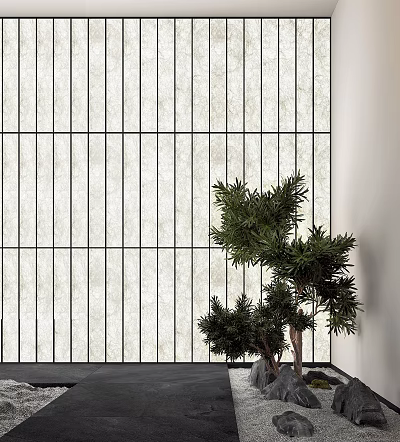 Modern White Wall With Vertical Stripes And Black Lines Accompanied By Green Plant 3d model