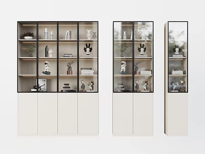 Modern Bookcase Design With Glass Doors Wooden Cabinet Books And Decorative Items 3d model