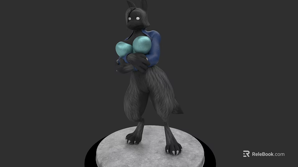 3D Anthropomorphic Wolf Character Featuring Grey Fur Blue Clothing And Blue Orbs On Round Base 3d model 