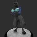 3D Anthropomorphic Wolf Character Featuring Grey Fur Blue Clothing And Blue Orbs On Round Base