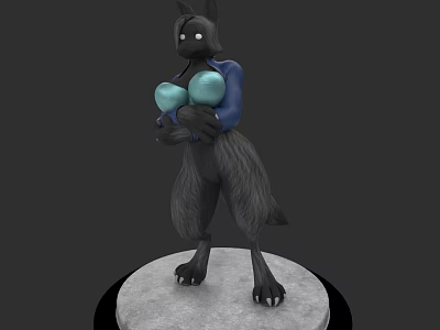 3D Anthropomorphic Wolf Character Featuring Grey Fur Blue Clothing And Blue Orbs On Round Base 3d model