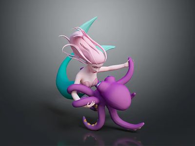 Game And Movie Character Mermaid With Pink Hair Green Tail Hugging Purple Octopus 3d model