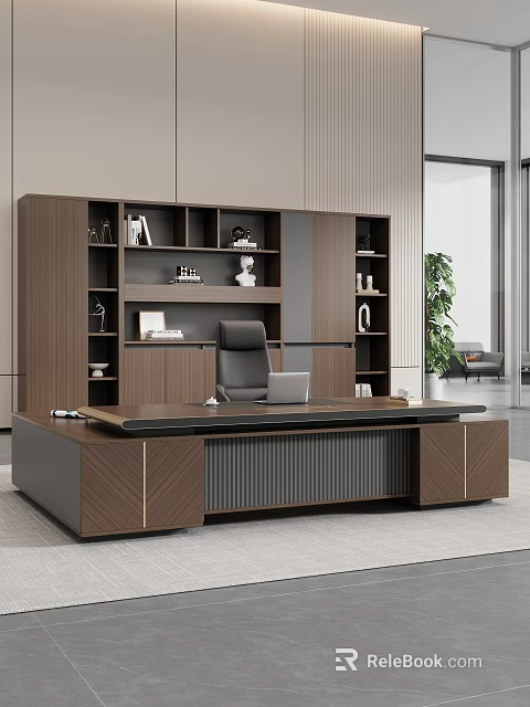 Modern Executive Office Desk With Wooden Top Laptop And Bookshelf Decorations 3d model 