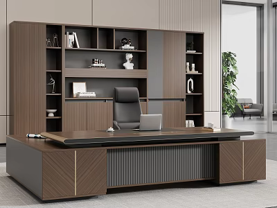 Modern Executive Office Desk With Wooden Top Laptop And Bookshelf Decorations 3d model