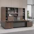 Modern Executive Office Desk With Wooden Top Laptop And Bookshelf Decorations