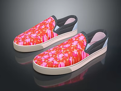 Vibrant Floral Pattern Canvas Slip On Shoes With Pink Red Flowers And White Sole 3d model