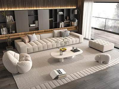 Modern Living Room Interior Design With Beige Tufted Sofa Round Coffee Table And Bookshelves 3d model