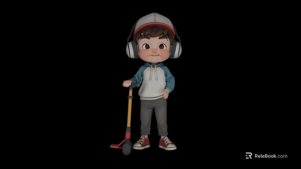 Man Wearing Gray Hat Headphones Blue White Hoodie Gray Pants Red White Sneakers With Scooter 3d model 