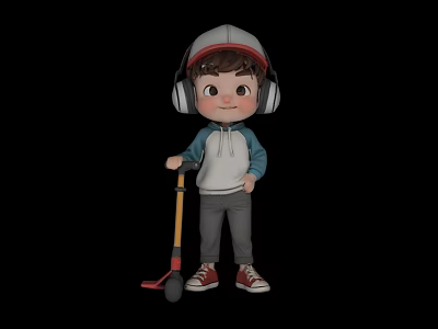 Man Wearing Gray Hat Headphones Blue White Hoodie Gray Pants Red White Sneakers With Scooter 3d model