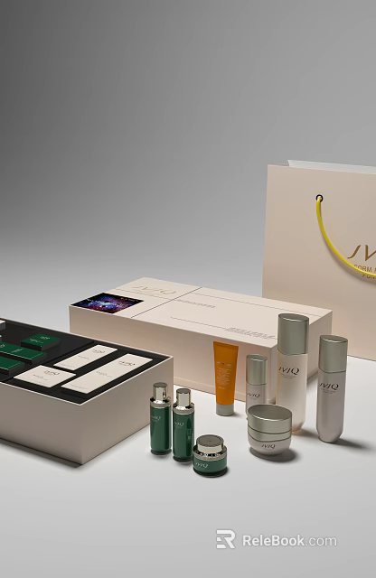 Luxury Perfume Cosmetics Set With White Boxes Green Orange Bottles And Shopping Bag 3d model 