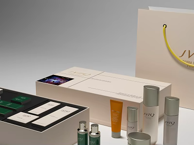 Luxury Perfume Cosmetics Set With White Boxes Green Orange Bottles And Shopping Bag 3d model