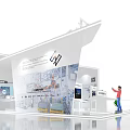 Modern Exhibition Booth Design With Display Area Digital Screens And Visitors Interacting