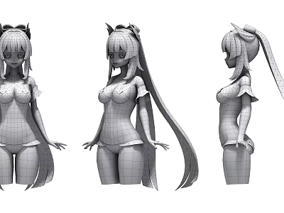 3D Sculpture of Female Character with Multi Angle View and Wireframe Model Design 3d model