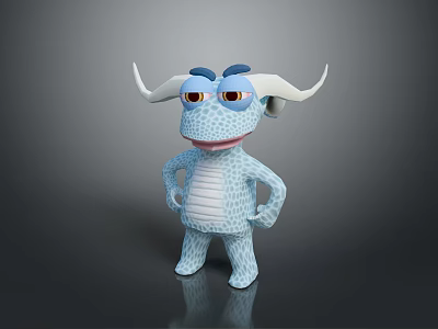 Cartoon Style 3D Game Character With Blue Body White Horns Red Eyes Hands On Hips 3d model