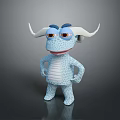 Cartoon Style 3D Game Character With Blue Body White Horns Red Eyes Hands On Hips