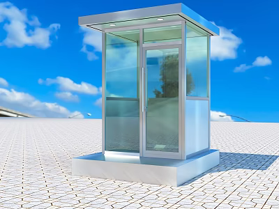 Transparent Glass Metal Booth With Modern Design On Outdoor Tiled Ground 3d model