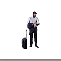 Man in White Shirt Checking Watch Holding Jacket Next to Rolling Suitcase