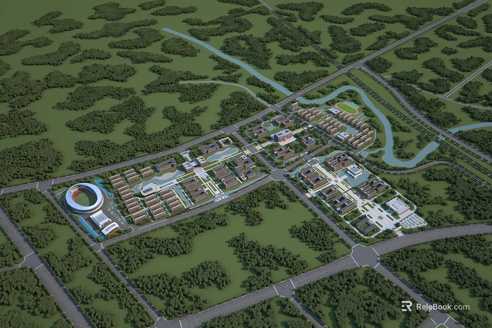 School Campus Architecture with Lush Green Landscape and River Surroundings 3d model 