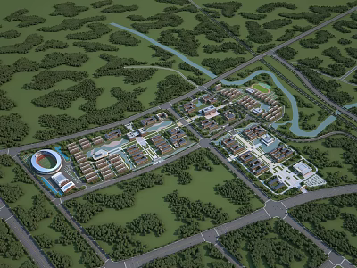 School Campus Architecture with Lush Green Landscape and River Surroundings 3d model