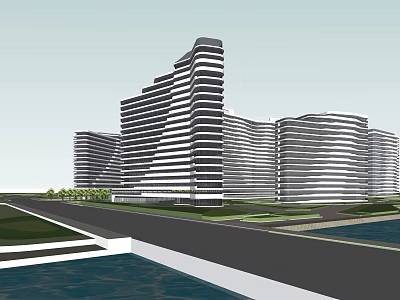 Modern High Rise Hotel Building With Curved Design Along Waterfront Roadside 3d model