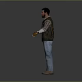 A Man Standing In Gray Background Wearing Plaid Shirt Vest Jeans And Brown Gloves