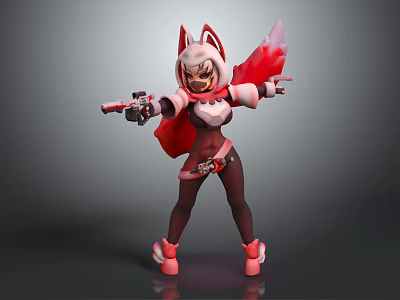 Fox Themed Character With Red Cape Holding Dual Guns And Pink Accents 3d model