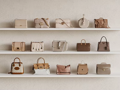 Various Styles And Different Colors Bags Neatly Arranged On White Shelves With Light Wall Background 3d model