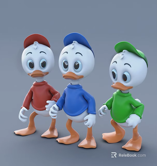 Three Cartoon Duck Dolls Wearing Red Blue Green Sweaters And Caps Standing Together 3d model 