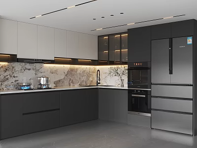 Modern Kitchen Interior With Gray White Cabinets Marble Backsplash And Stainless Steel Appliances 3d model