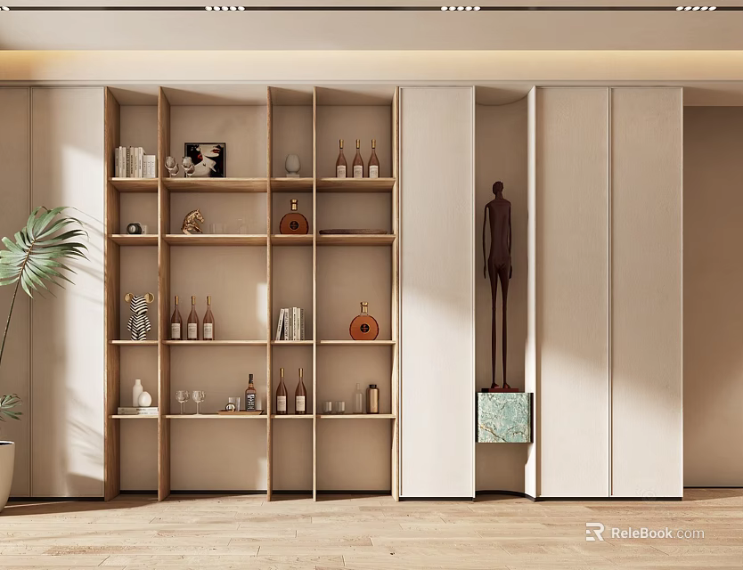 Modern Wooden Wine Cabinet with Multiple Shelves Holding Wine Bottles Glasses and Decorative Items 3d model 