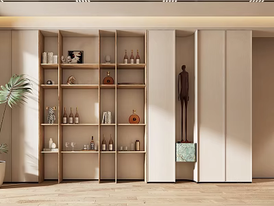Modern Wooden Wine Cabinet with Multiple Shelves Holding Wine Bottles Glasses and Decorative Items 3d model