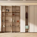 Modern Wooden Wine Cabinet with Multiple Shelves Holding Wine Bottles Glasses and Decorative Items